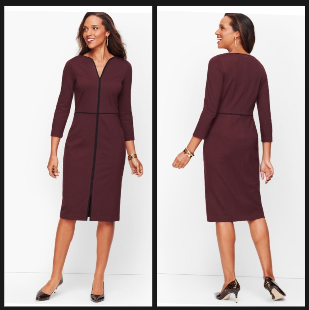 Talbots TIPPED PONTE SHEATH DRESS -BLACK & BURGUNDY